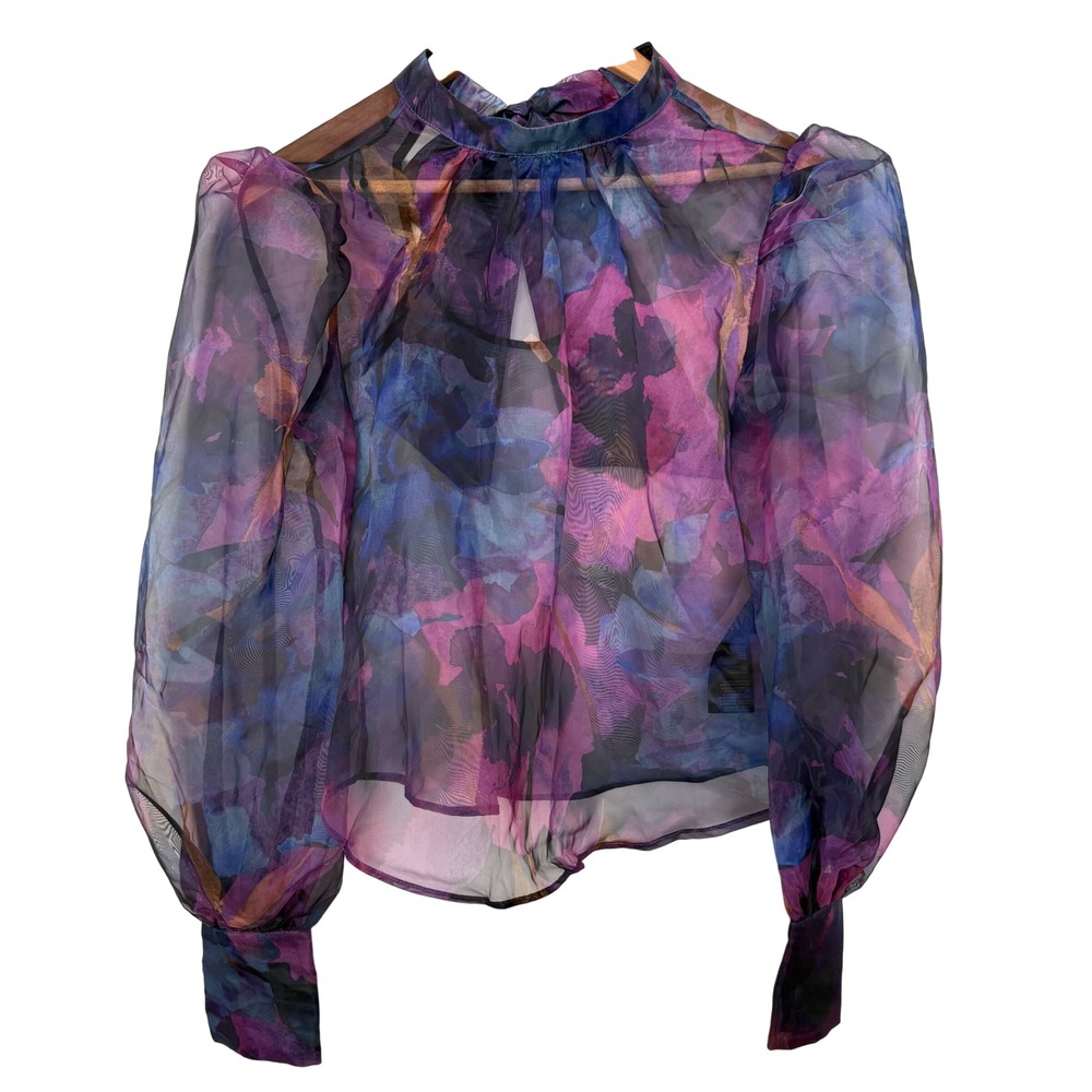 Anthropologie Purple Watercolor Organza Blouse Sheer High Mock Neck Puff Sleeve
